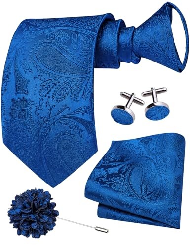Zipper Ties for Men Pre-Tied Tie Set Silk Paisley Adjustable C Royal Blue