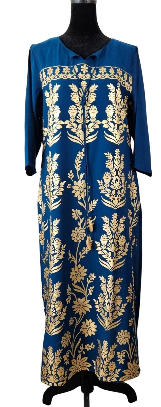 Janasya Womens Turquoise Blue & Gold Crepe Kurta Tassel Tie Neck Size Large