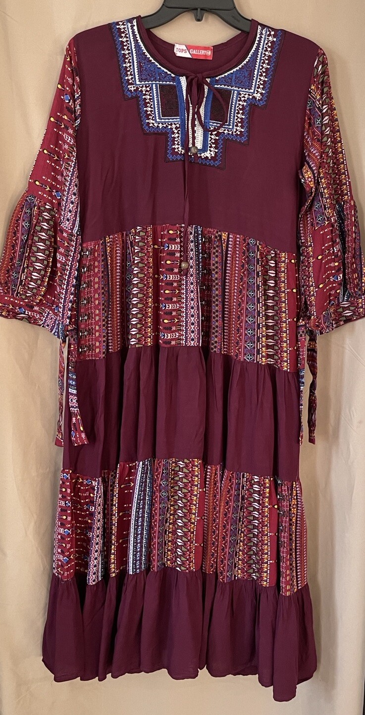 Indian Bnagladeshi Flare Midi Dress Wide Hemline 3/4 Sleeve Size M Multicolor