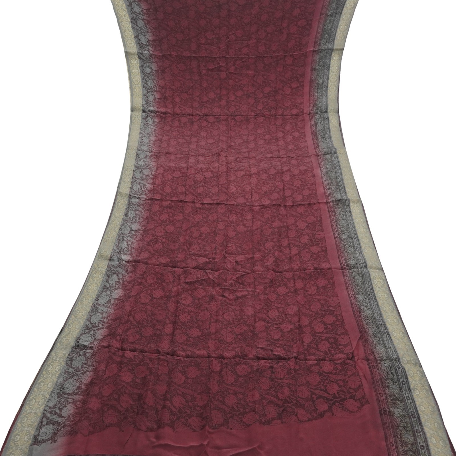 Vintage Burgundy Sarees 100% Pure Crepe Silk Printed Indian Sari 5YD Soft Fabric