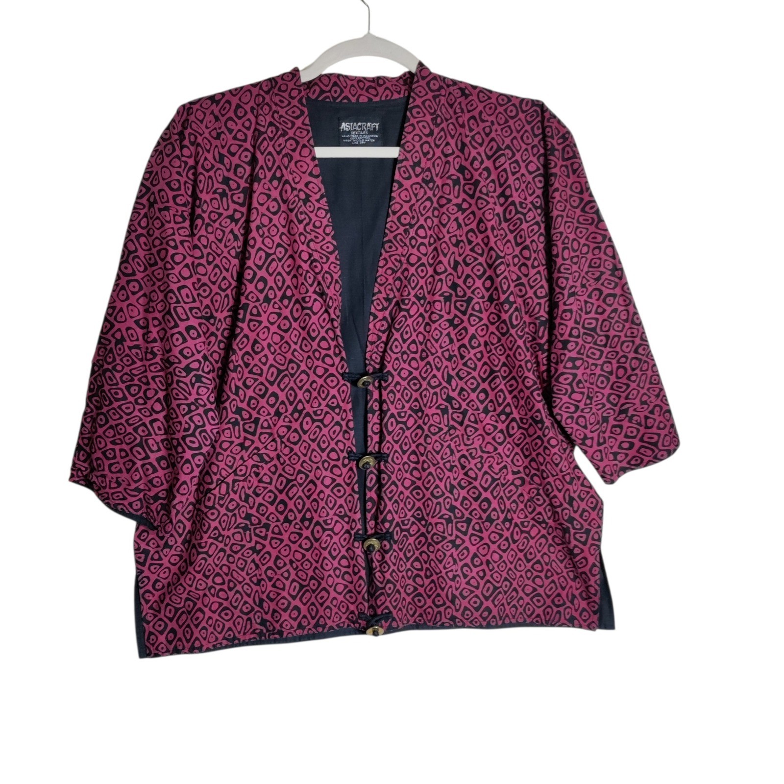 Asiacraft Textiles Pink Black Batik Cotton Jacket Indonesia Toggle Closure Boxy