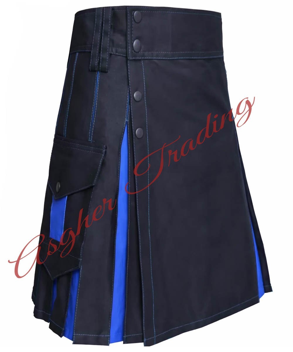 Handmade Black & Blue kilt Cotton Hybrid Utility kilt, Custom Size Kilts For Men