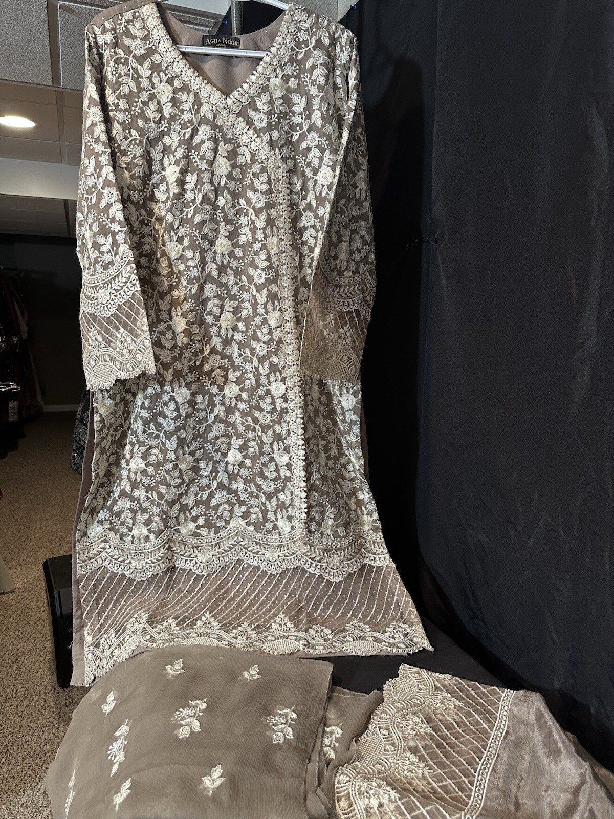 Beautiful 3 Pc Chiffon Heavy Emb Shirt, Emb Plazo & Chiffon Emb Dupatta – $68