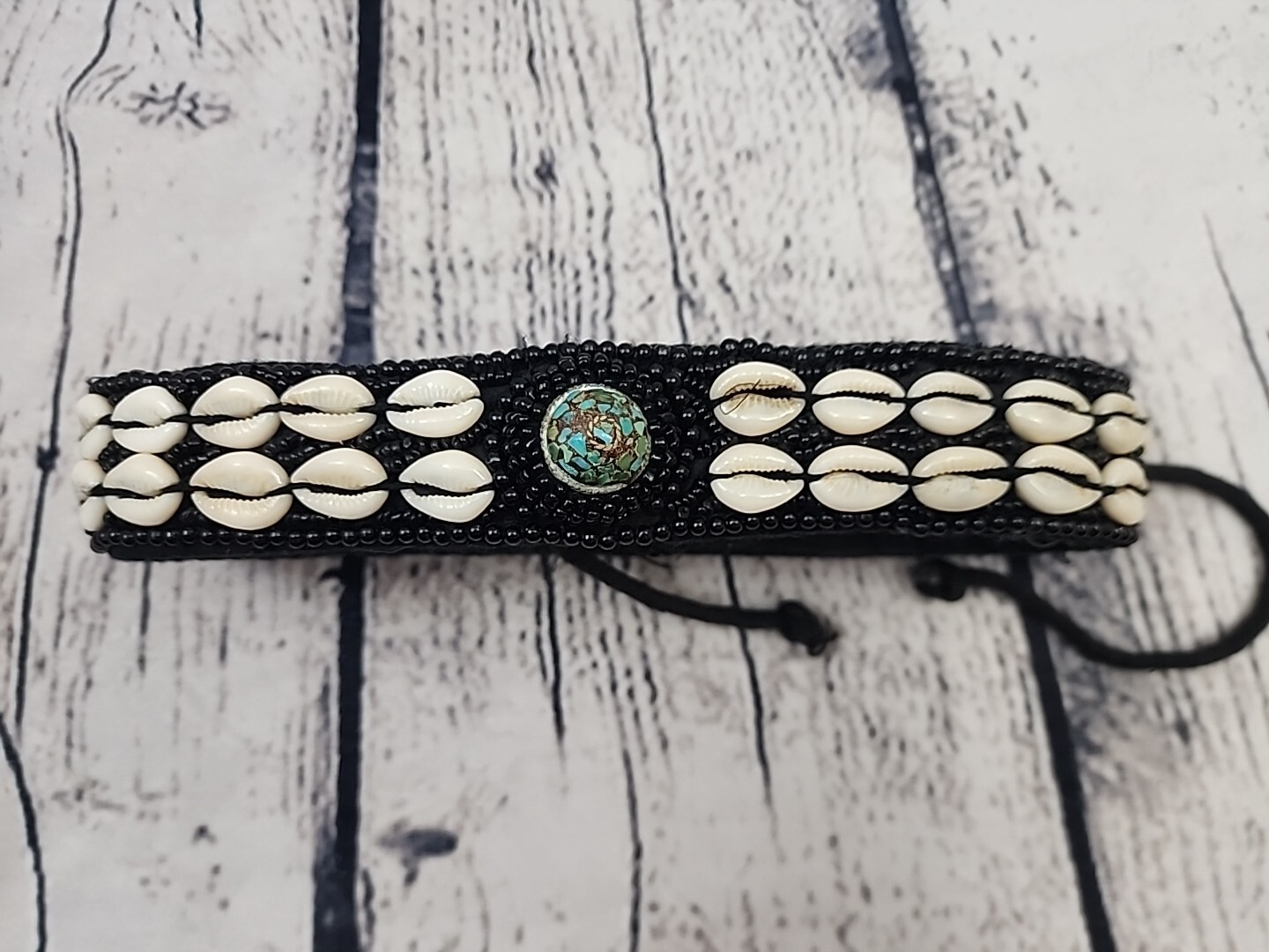 Vintage 2000 Cowrie Shells Hand Beaded Belt Turquoise Center Piece Boho Surfer