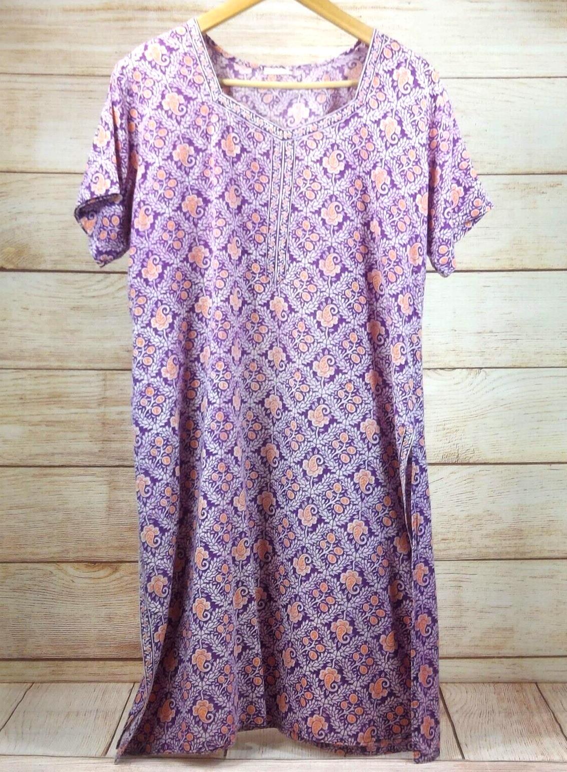 Women Ethnic Wear Top Indian Style Short Sleeve Tunic Kurta Floral Print Purple
