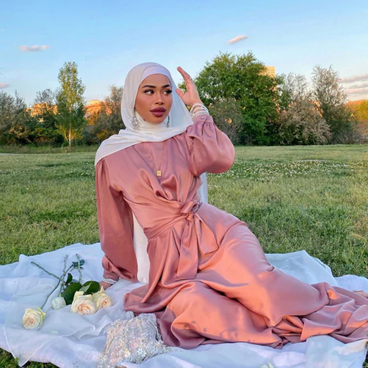 Eid Mubarak Satin Abayas Women Muslim Maxi Dress Islamic Clothing Dubai