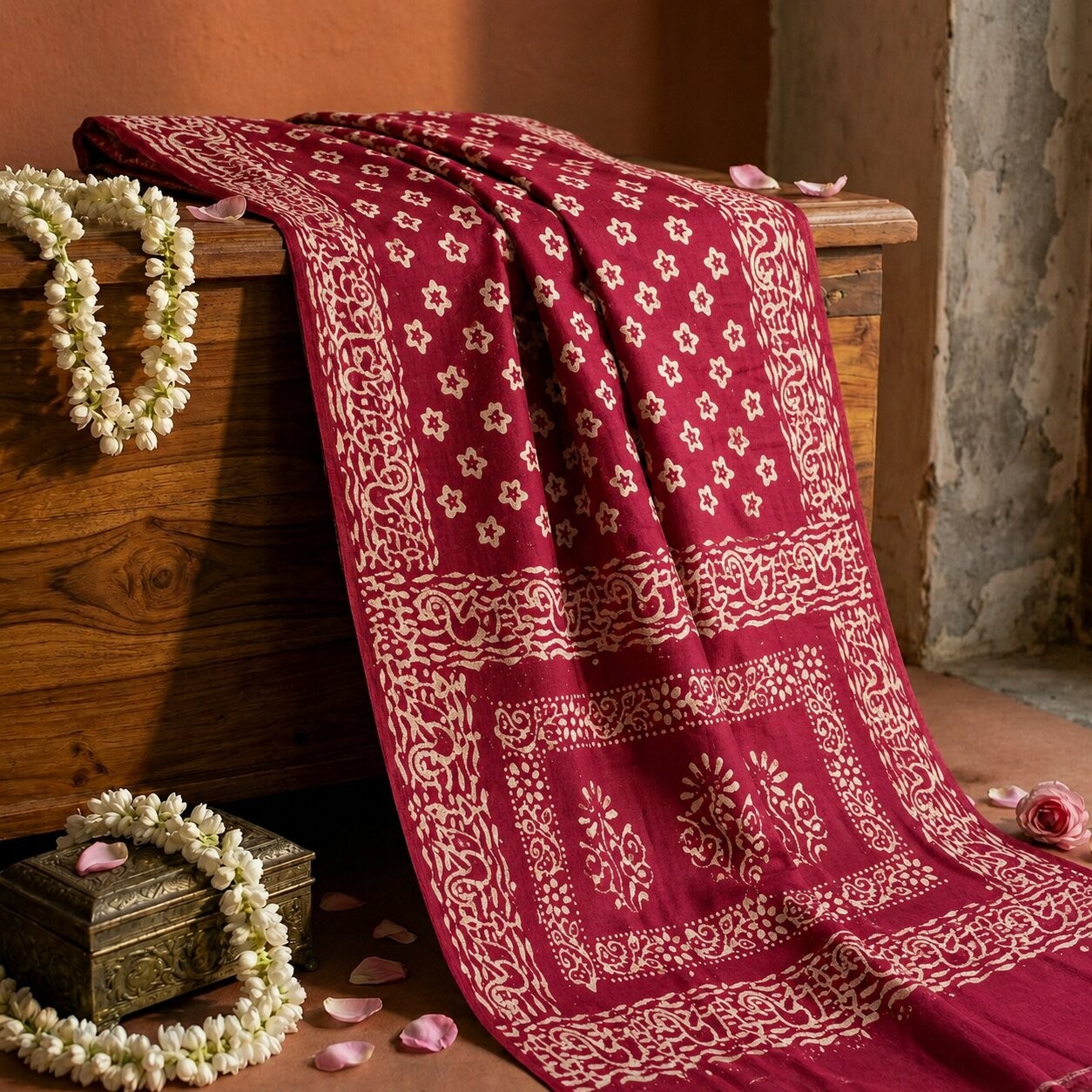 Sanskriti Vintage Saree Red 100% Pure Cotton Batik Work Craft Fabric 5+Yard Sari