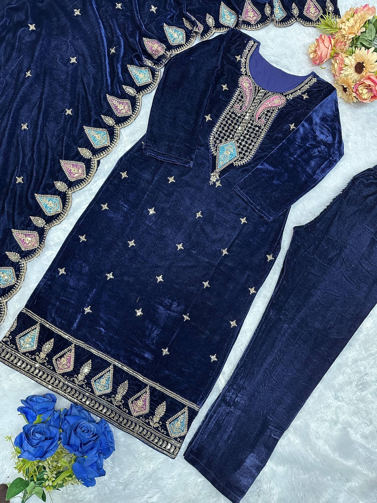 Ethnic Wear Heavy Viscos Velvet Salwar Kameez With Blue Dupatta For Women &Girls