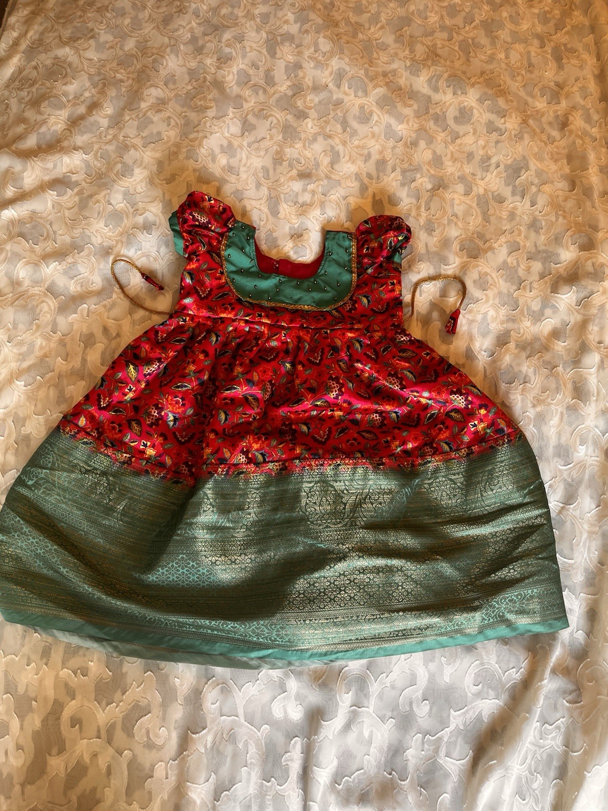 Indian Toddler Girls’ Dress Made In Silk Pink Green And Purple Accent Flowers