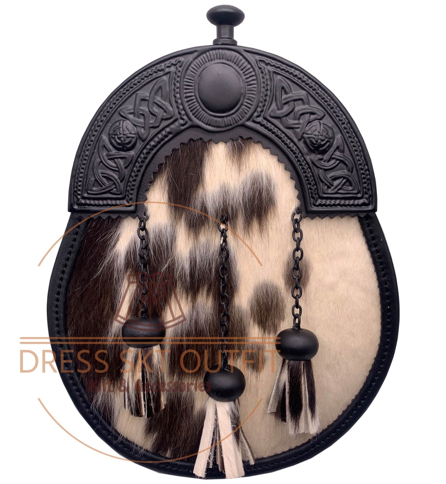 Scottish Full Dress Cow Skin kilt Sporran Highlander Celtic Cantle Black Finish