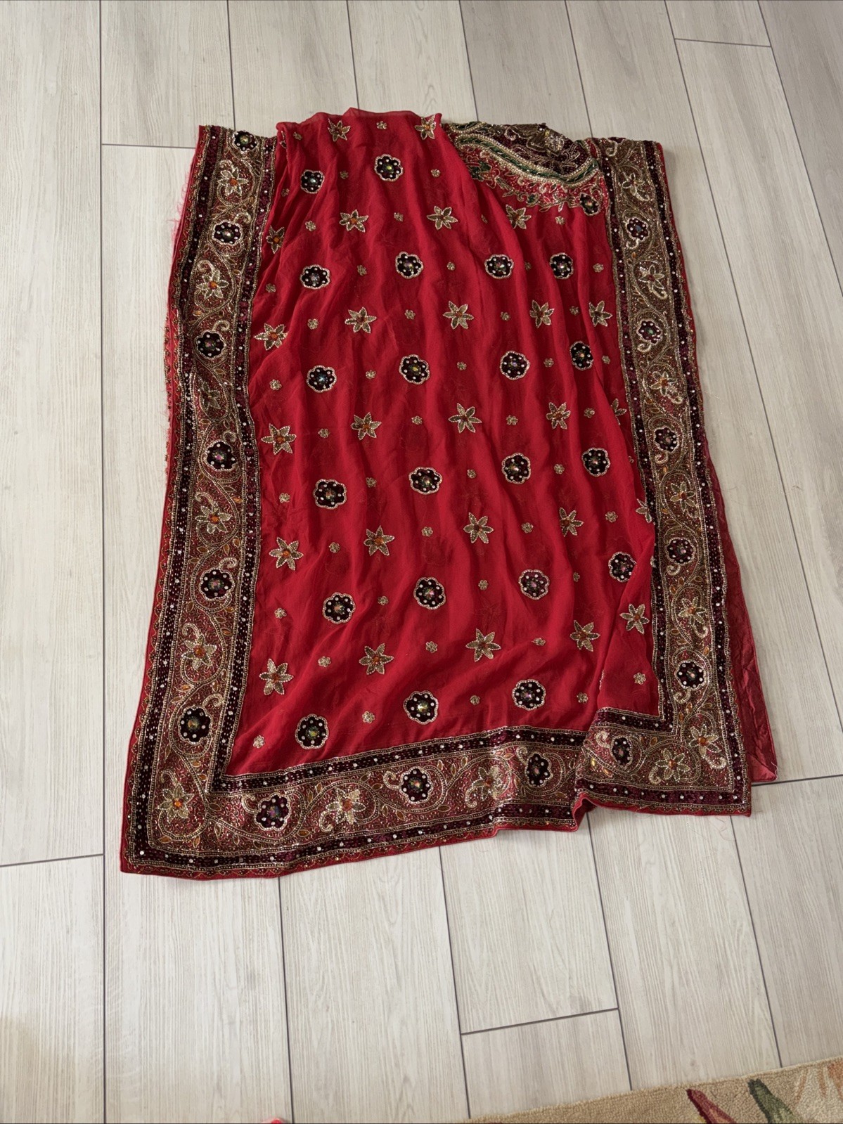 Vintage Heavy Red Bridal Lehenga Skirt & Dupatta Set Hand Embroidered Beaded Zar