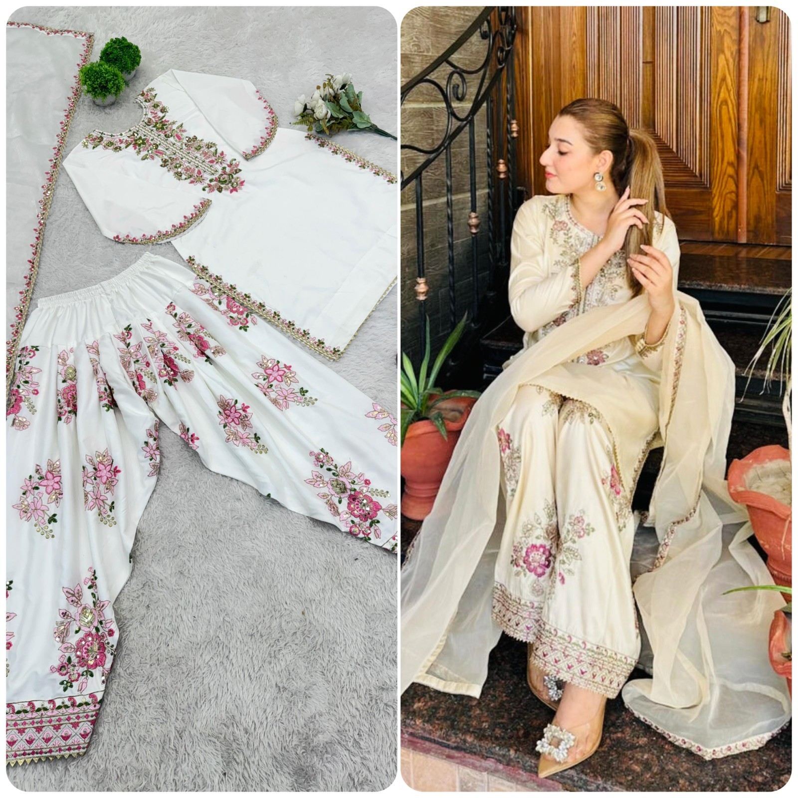 3 PIECE PAKISTANI DESIGNER FARSHI SHALWAR SUIT WEDDING PARTY WEAR WOMEN EID NEW