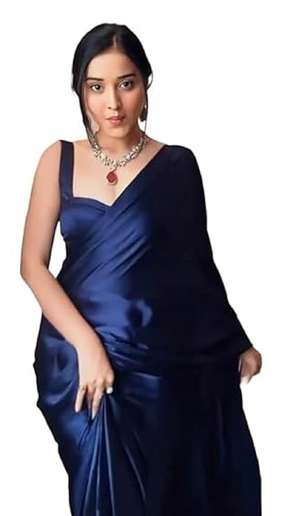 Women’s Ready to Wear Plain Navy Blue Satin Silk 1 Minute Pre Pleated Saree Blou