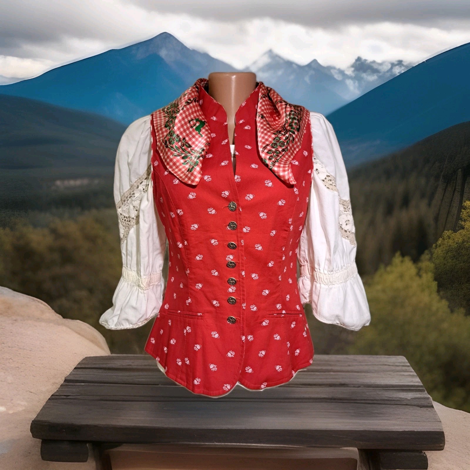 MarJo Dirndl Vest + Blouse + H.Miser Scarf Set Oktoberfest Deer Alpine EU 36/38