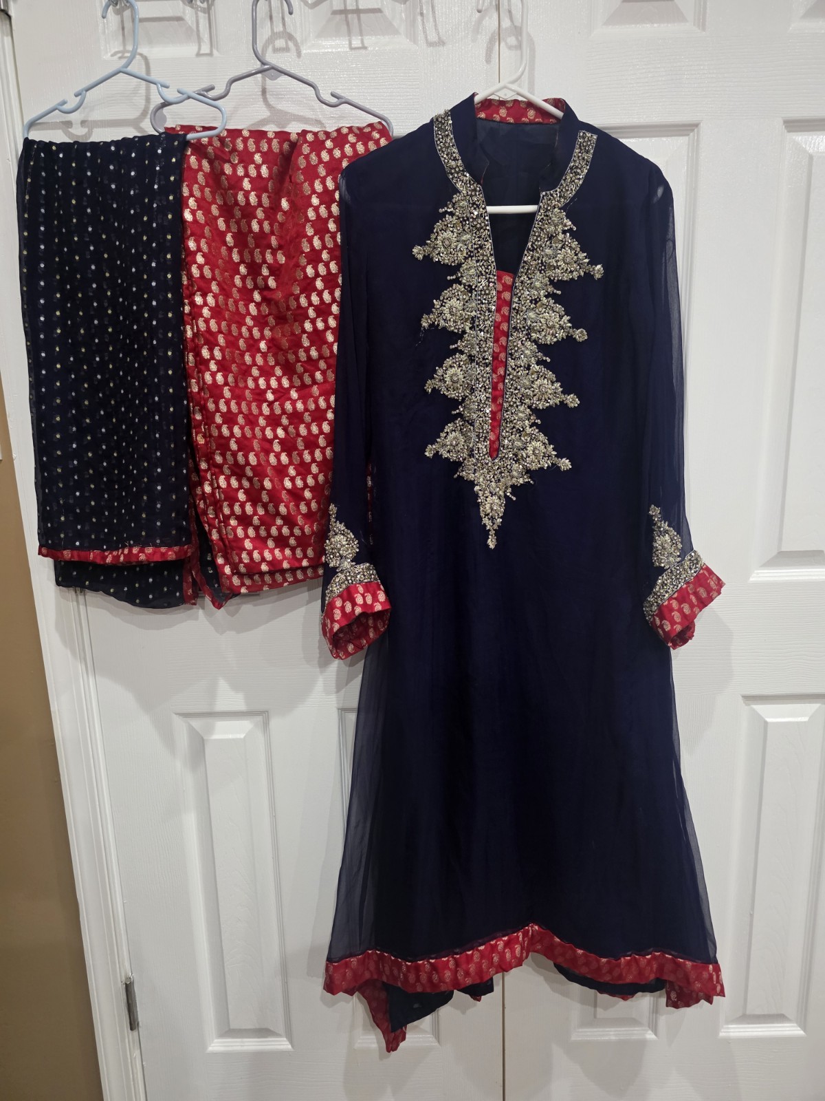 Navy Pakistani Indian Emboridered Long Dress 3Pc Set Size M Wedding Eid Diwali