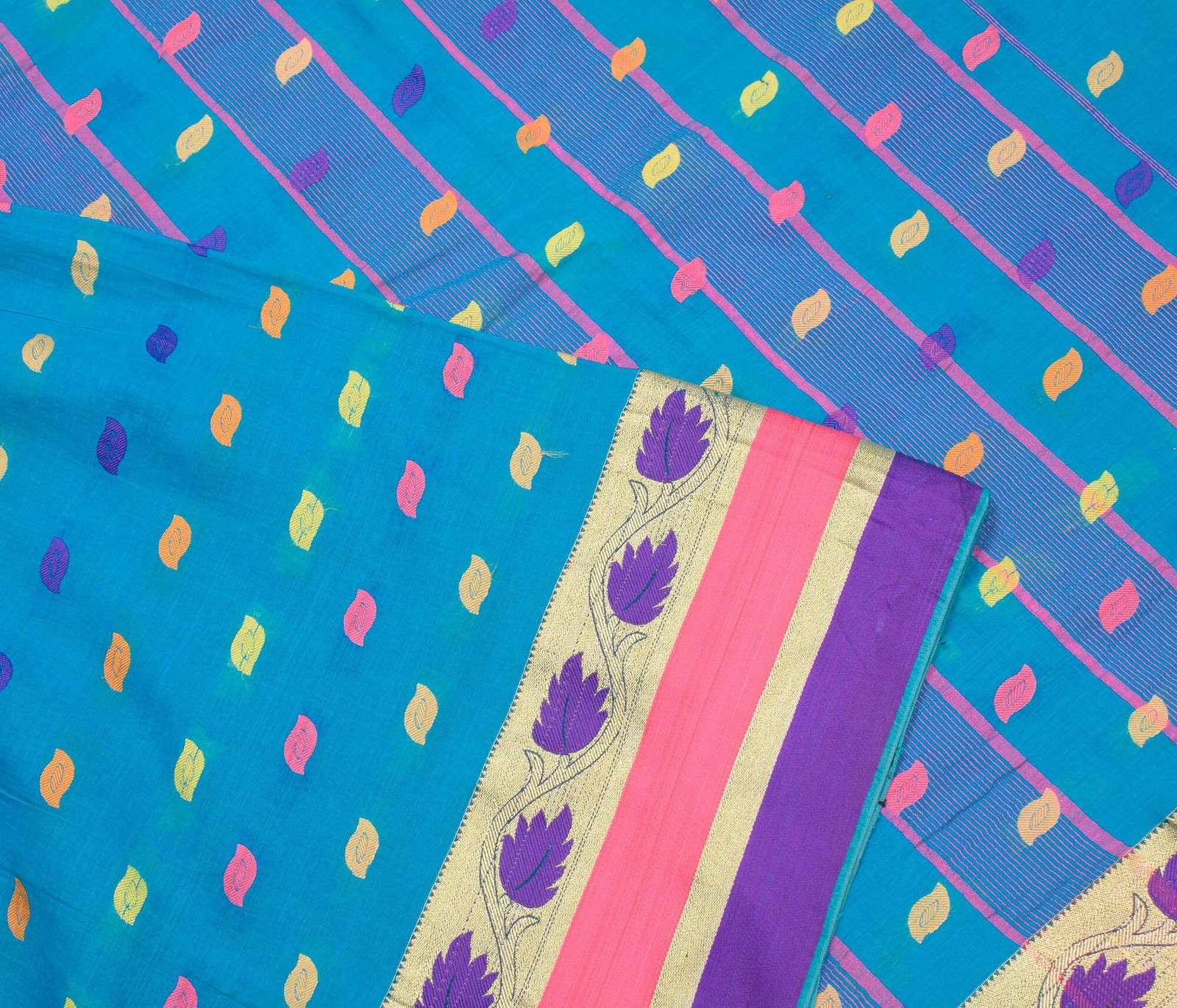 Sushila Vintage Turquoise Blue Saree Tant Woven Pure Cotton Sari Craft Fabric