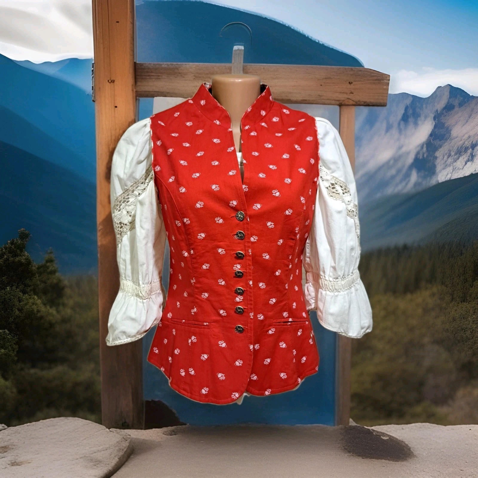 MarJo Dirndl Vest + Blouse + H.Miser Scarf Set Oktoberfest Deer Alpine EU 36/38