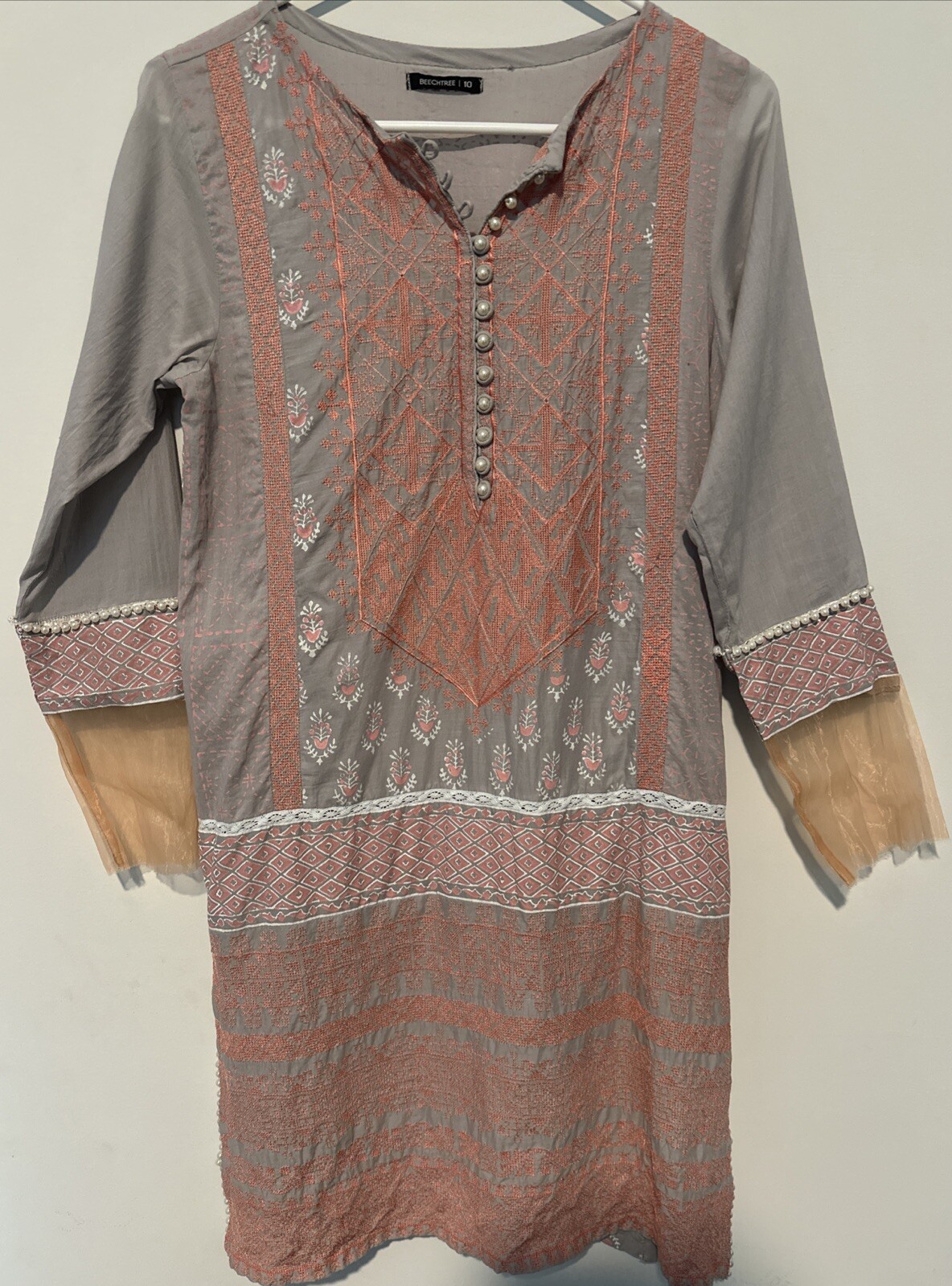 Women’s Beech Tree Kurti Pearl Lined, Embroidered Peach, Grey And Pink Size 10