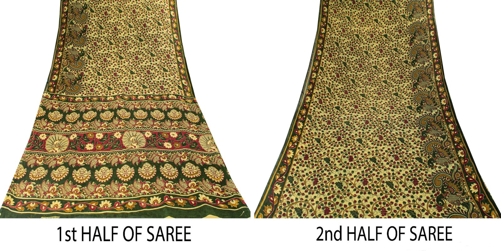 Sanskriti Vintage Cream Saree Pure Cotton Hand Block Kalamakari Peacock Sari 5.5
