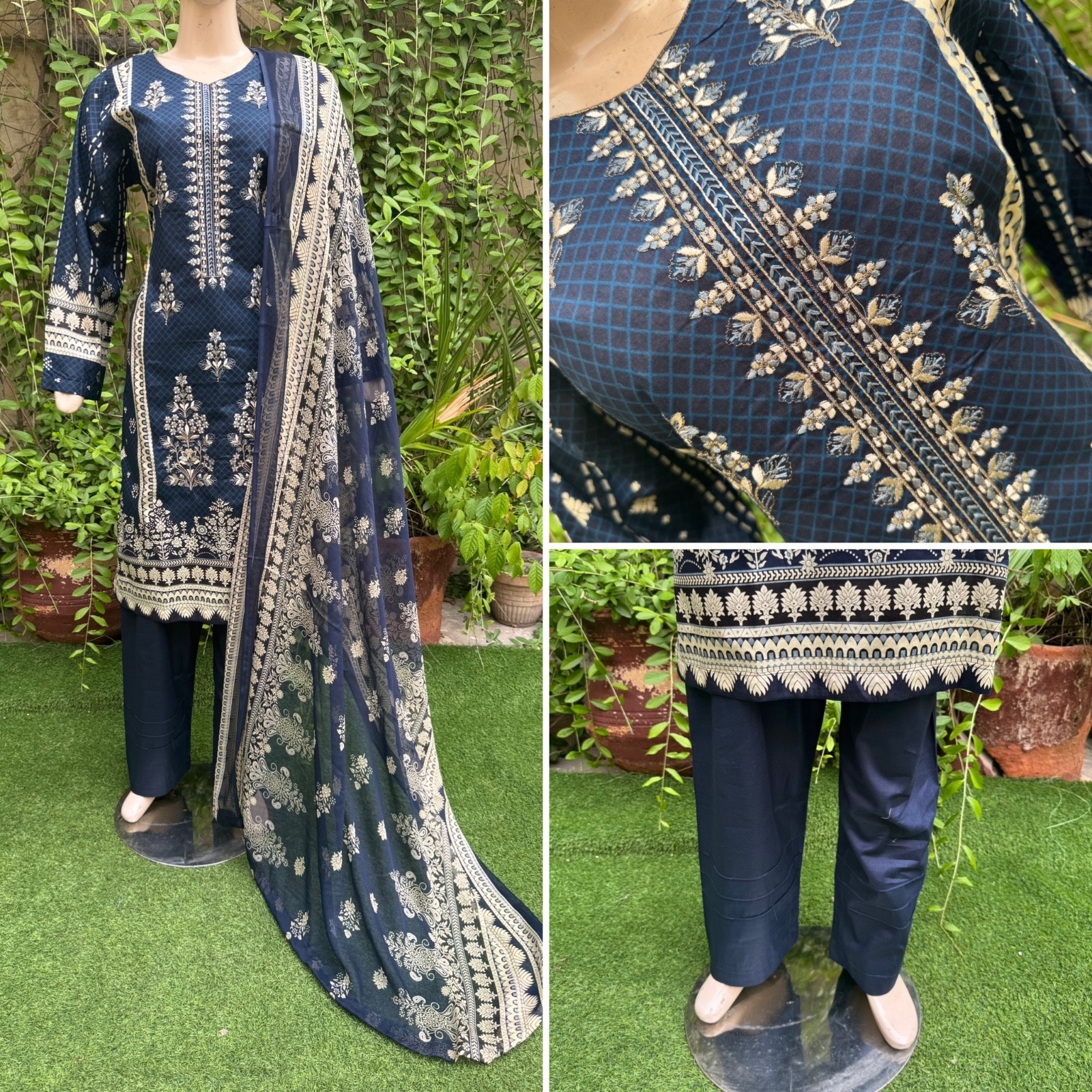 Pakistani Dark Blue Printed Straight Shirt 3-PCS Lawn Suit w/ Threadwork ,XL#1