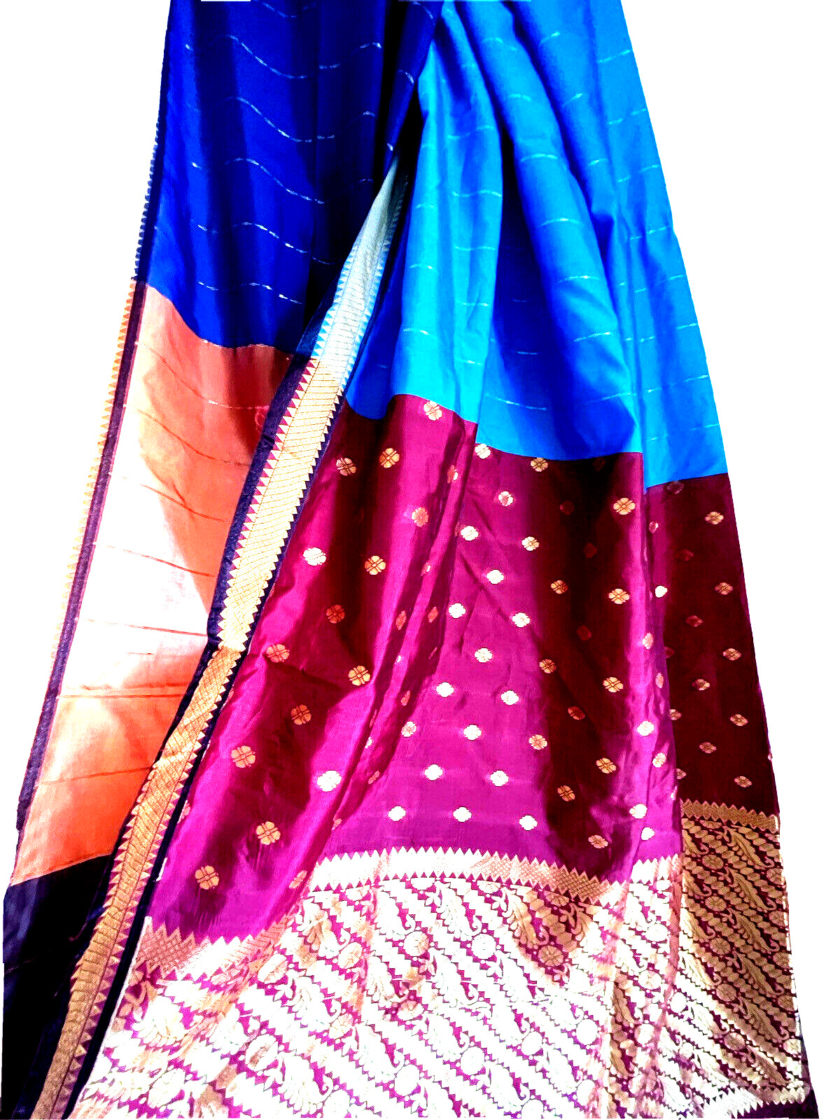 Saree Sari Silk Fabric Striped Zari Metallic Gold Border Party Wedding Wear 5 Yd