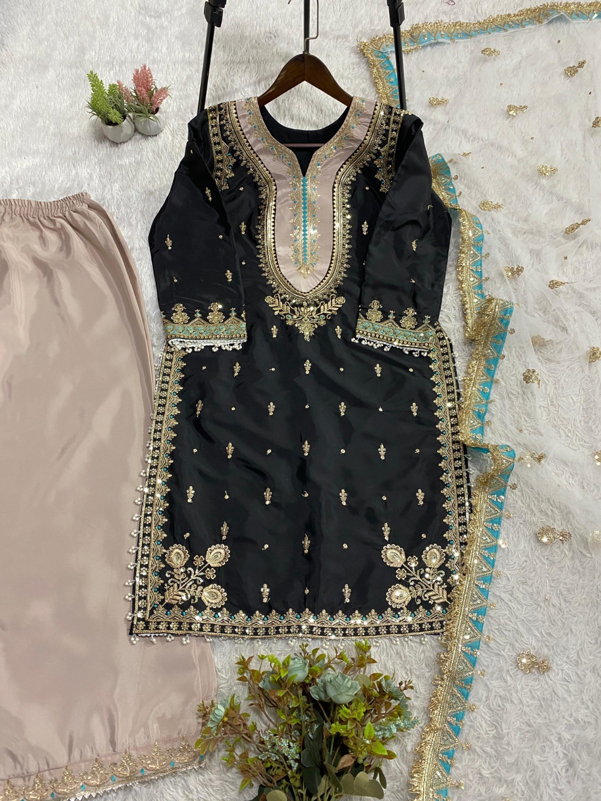 Bollywood Style Vichitra Silk Kurta Palazzo With Dupatta For Women & Girls Wear