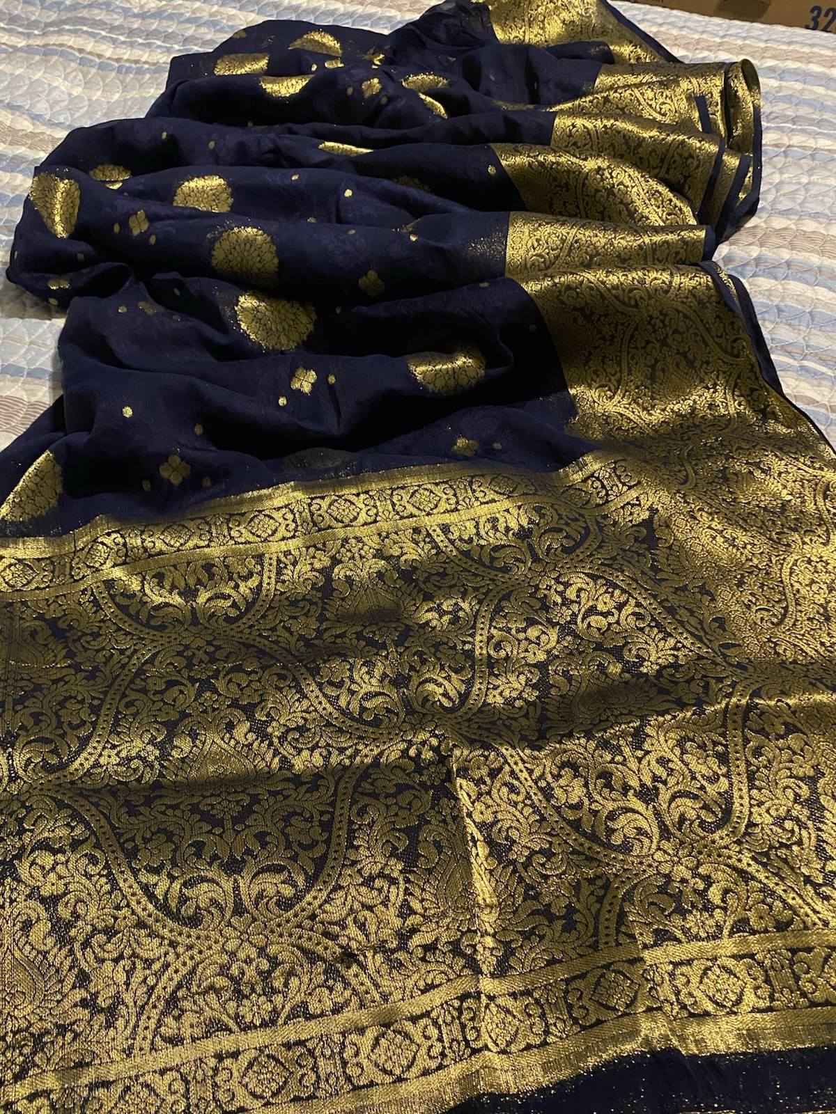Banarasi Silk Blend Sari Navy Blue Gold Traditional Unstitched Indian Saree