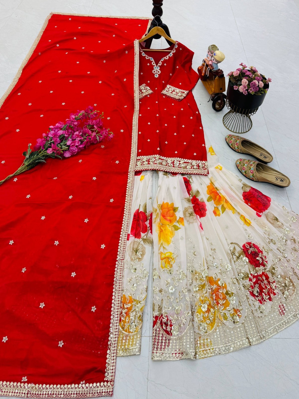 Attractive Look Red Chinnon Silk Kurta Palazzo With Dupatta for Function