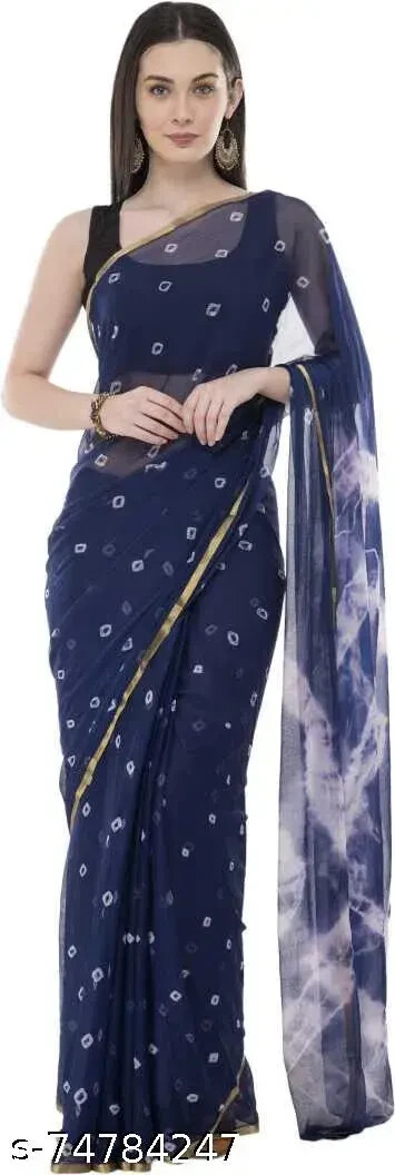 Women’s Chiffon Bandhani Printed Saree with Unstitched Brocade Blouse Piece