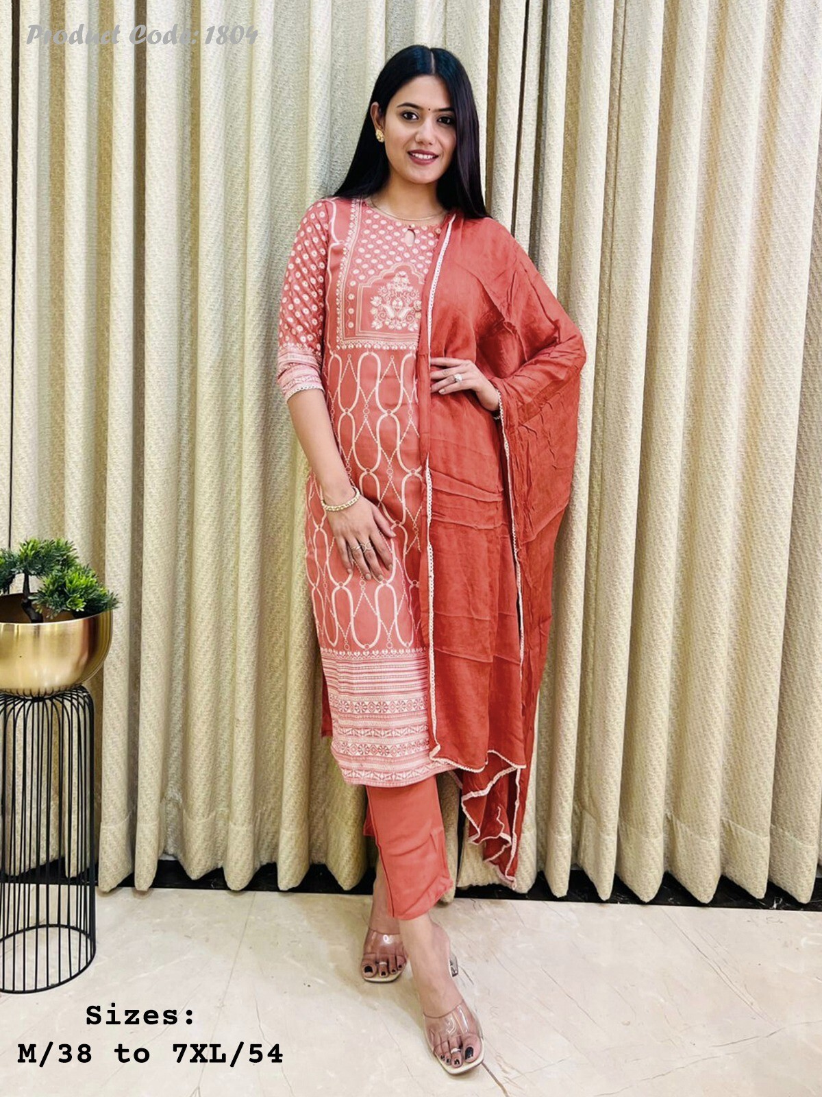 Women Peach Plus size Kurta With Pant & Dupatta,Indian Readymade Salwar kameez