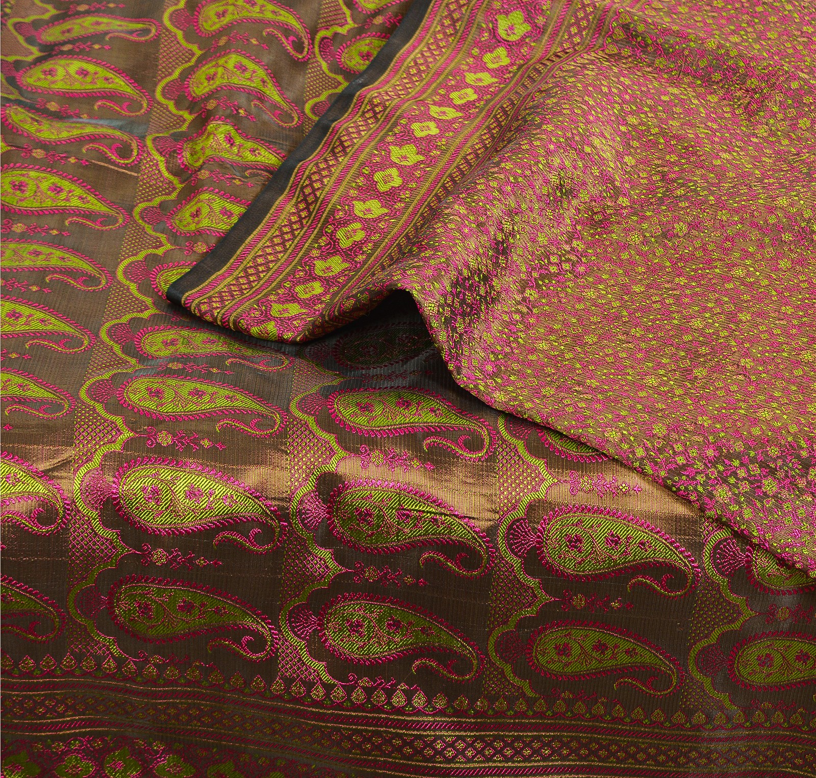 Sanskriti Vintage Brown/Green Sarees Blend Silk Banarasi Woven Tanchoi 6Yrd Sari