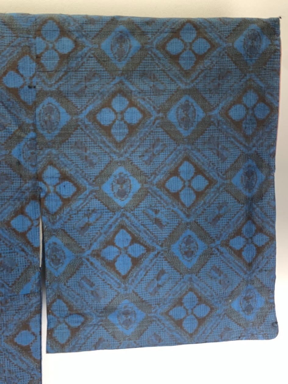Unused Silk Tsumugi Kimono Floral Geometric Blue Black Japanese Robe Duster Coat