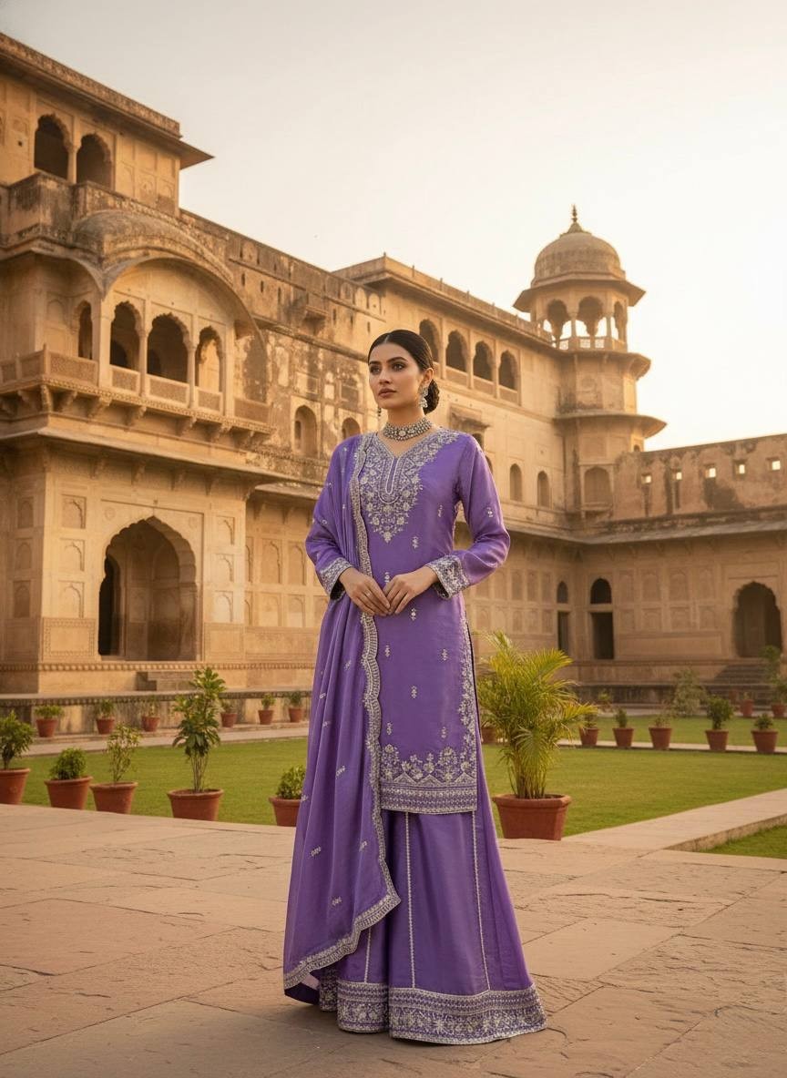 New Launching Heavy Silk Purple Top Palazzo With Dupatta For Festival Wear